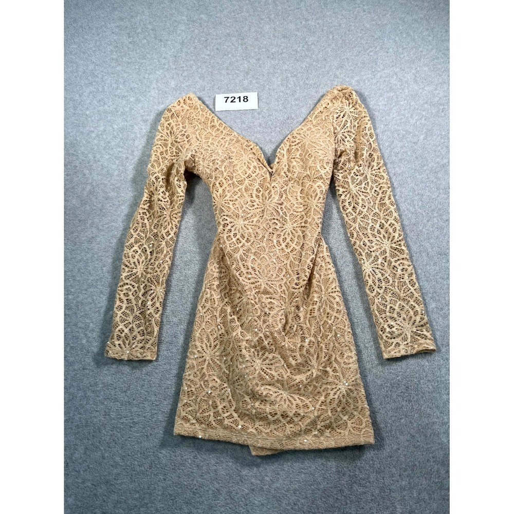 TRAC Mini Dress Womens Large Tan Nylon Stretch Lace Sequin Floral Split Neck